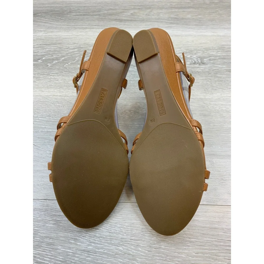 Talbots Women's 8 Cognac Brown Leather Strappy Low Wedge Ankle Strap Sandals